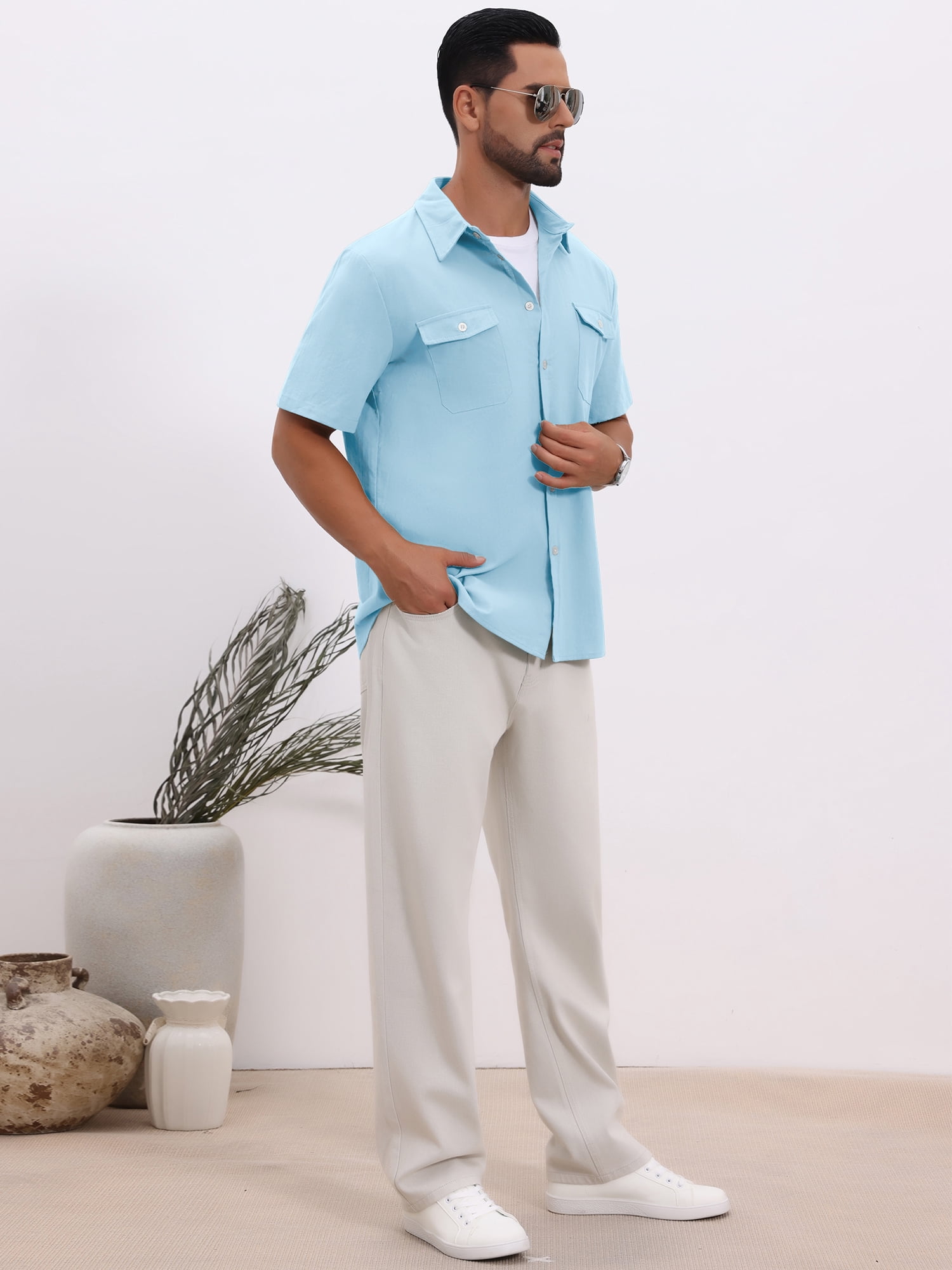 DARING DIVA Men's Linen Chest Pockets Short Sleeves Button Down  Shirt L Sky Blue