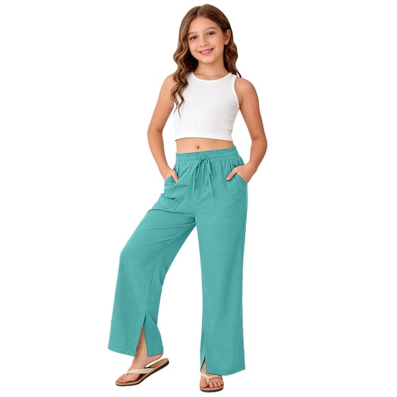 Hiijoy Girls Casual Wide Leg Pants Elastic Waist Drawstring Pants Kids Side Slit Trousers