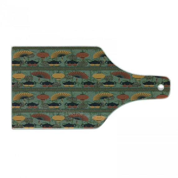 Tea Party Cutting Board, Ethnicity Theme Grunge Bamboo Branches Chinese Lanterns, Decorative Tempered Glass Cutting and Serving Board, Wine Bottle Shape, Reseda Green Marigold, by Ambesonne