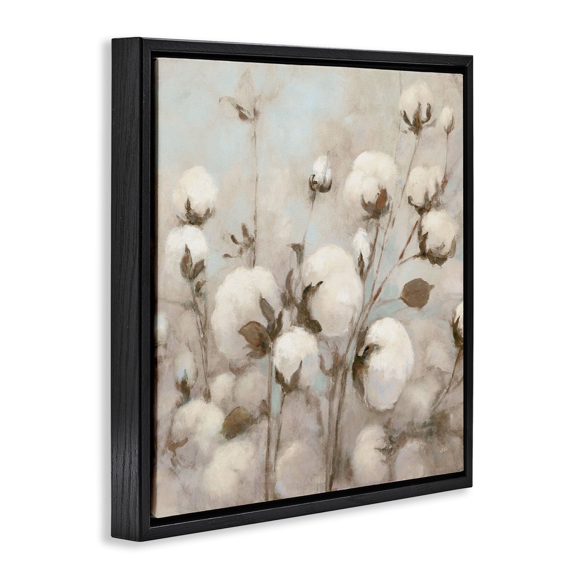 Stupell Industries Neutral Cotton Flower Painting Botanical & Floral Painting Black Floater Framed Canvas Art Print Wall Art, 18 x 18