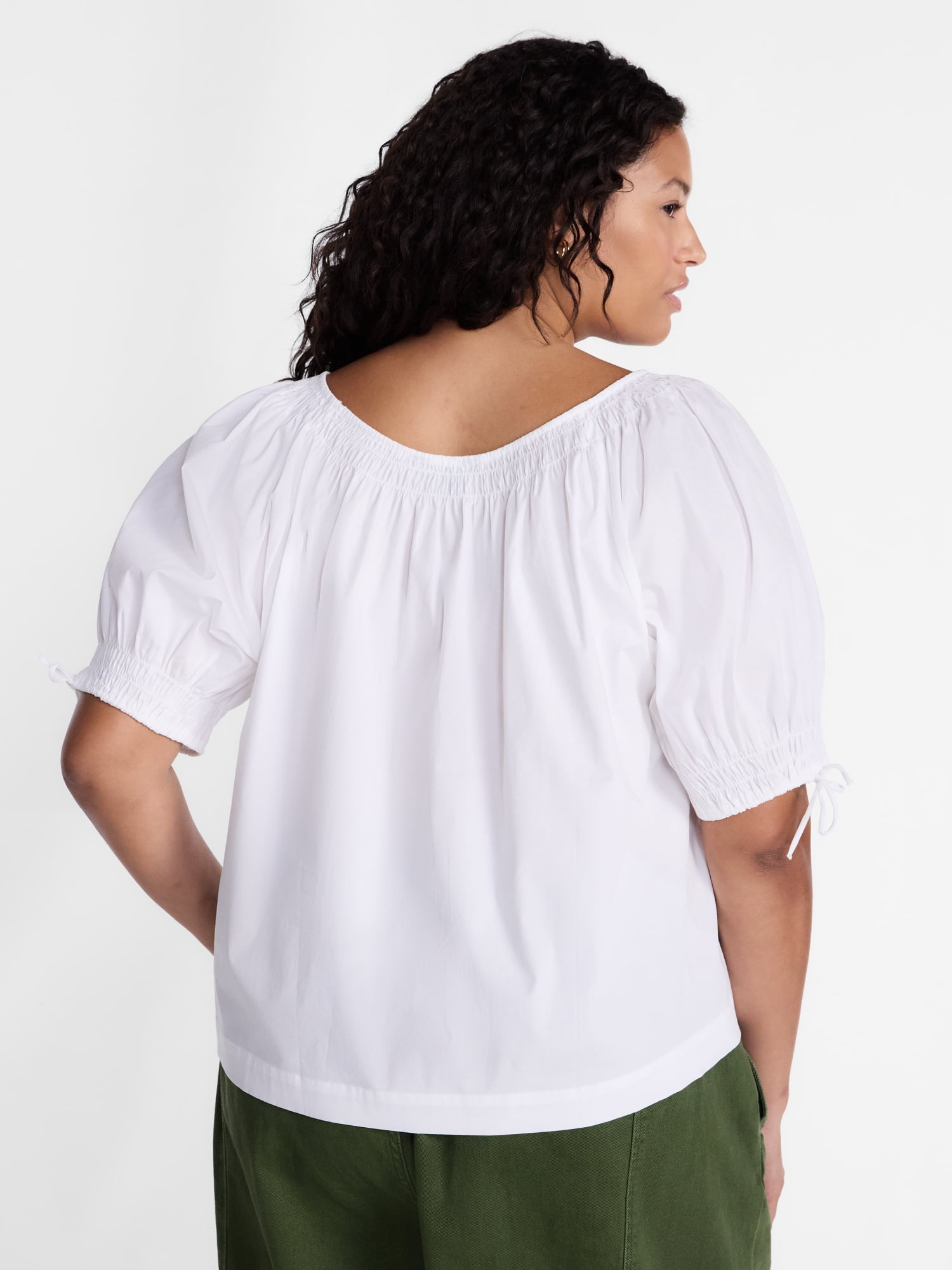 Terra & Sky Women's Plus Scoop Neck Top with Short Tie Puff Sleeves, Sizes 0X-5X