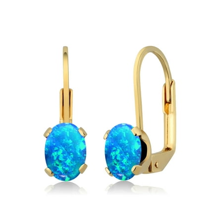 - 1.26 Ct Oval Cabochon Blue Simulated Opal 14K Yellow Gold Earrings