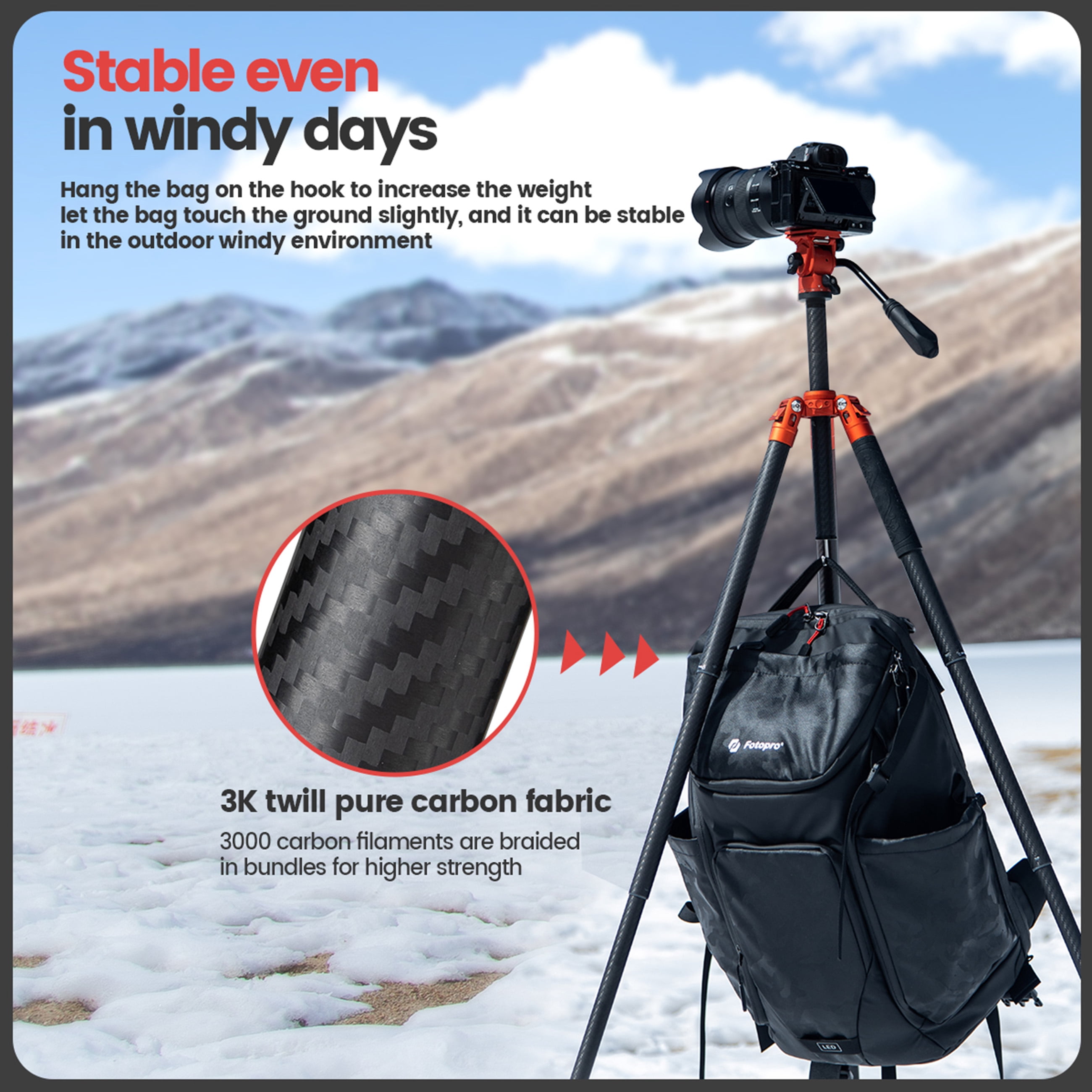 Fotopro 59” Video Tripod for Travel, 0.99kg Lightweight Carbon Fiber Camera Tripod Stand with Video Head, Fast Lock, 1/4" Quick Release Plate for DSLR Camera, 22lbs Load, X-Aircross 2 Video Orange