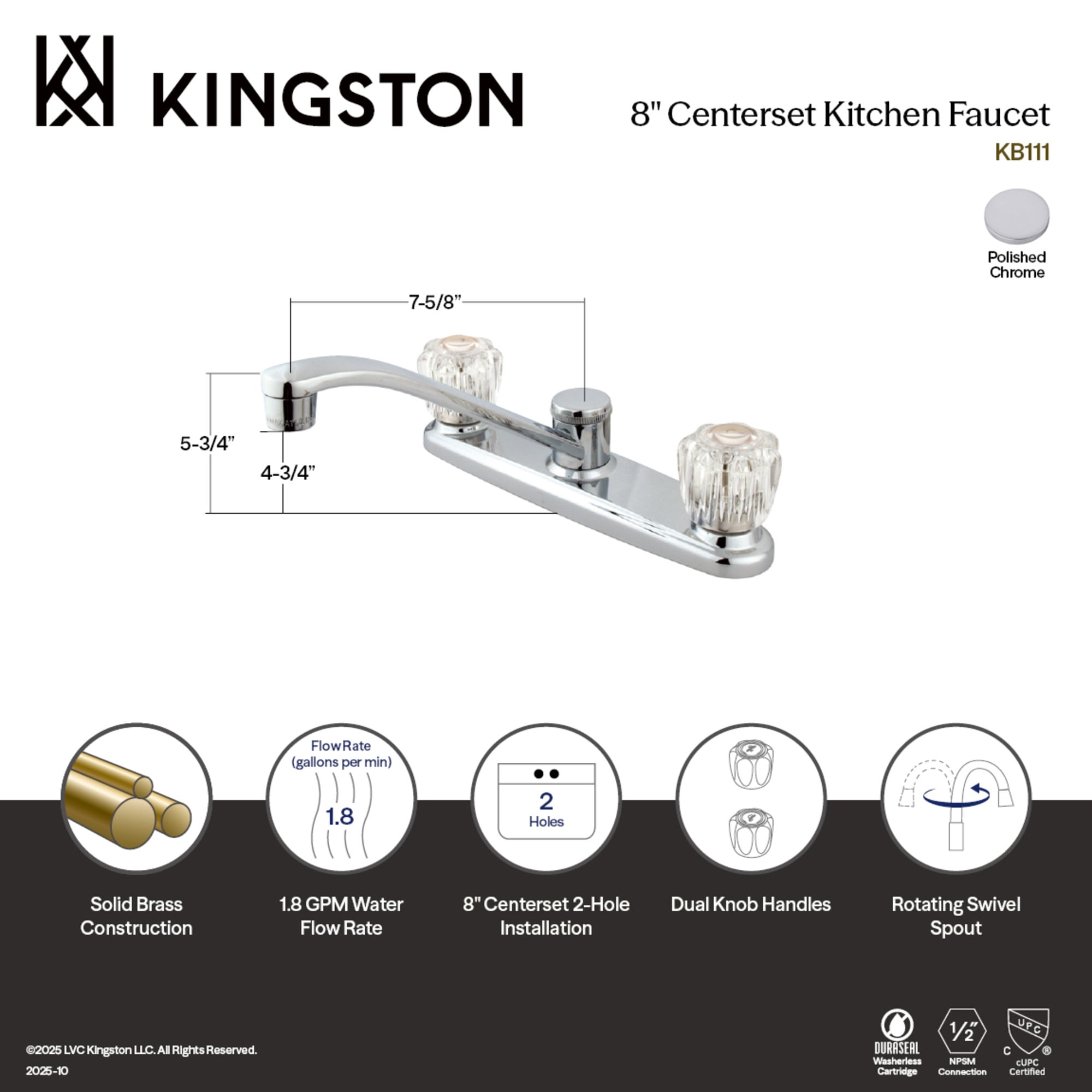 Kingston KB111 Americana Two-Handle 2-Hole 8" Centerset Kitchen Faucet in Polished Chrome