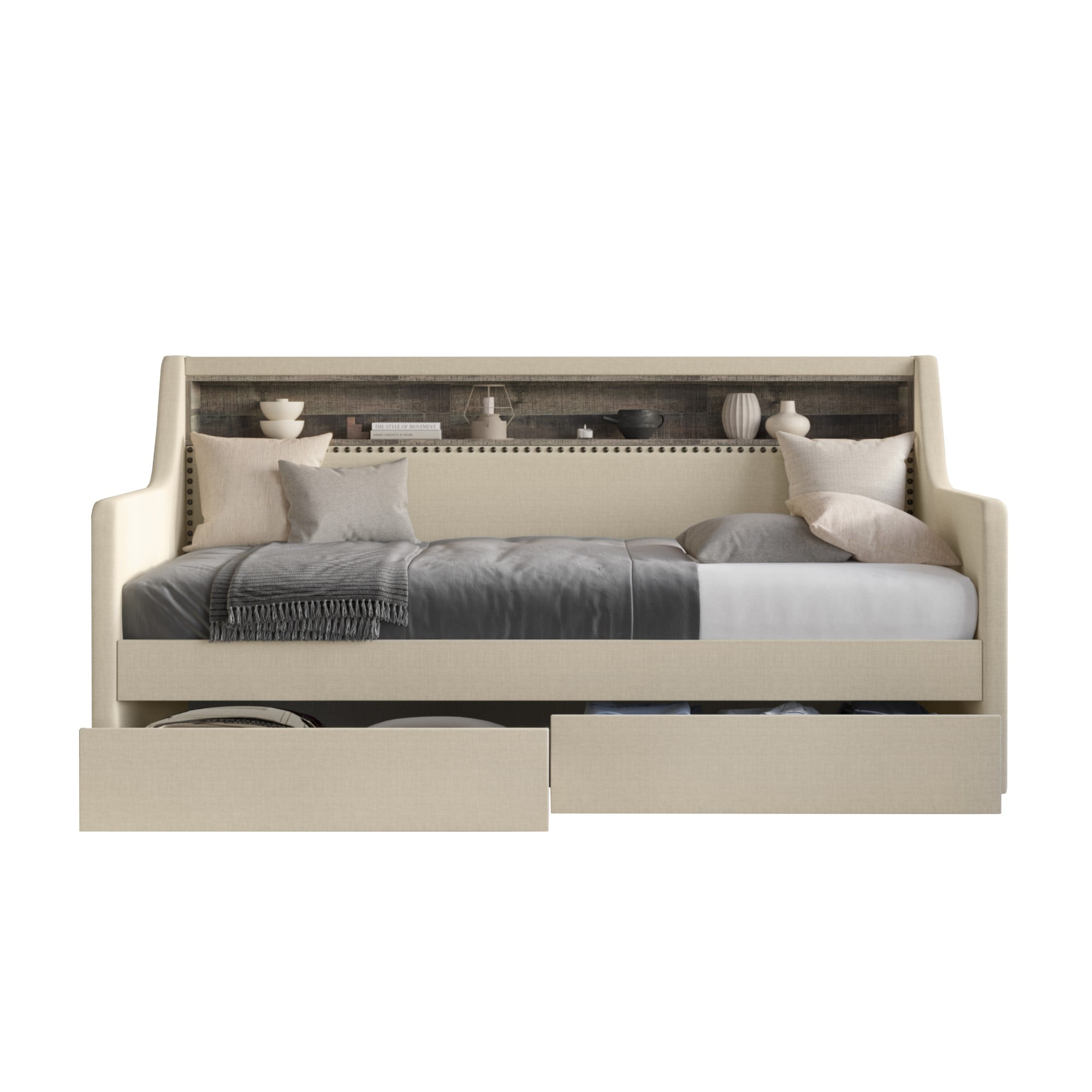 Home Design Brianna Twin Daybed with Upholstered Frame, Nailhead Trim, Built-In Storage with Two Drawers, Stylish Seating and Sleeping Solution, Beige