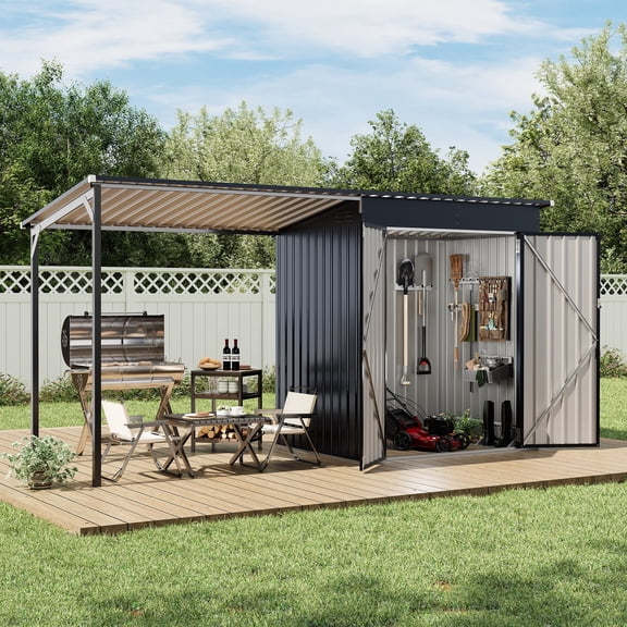NETAJE 12x4 ft 2-in-1 Outdoor Storage Shed and Hardtop Pergola Combo, Metal Lean to Shed with Lockable Door for Patio, Backyard, Deck
