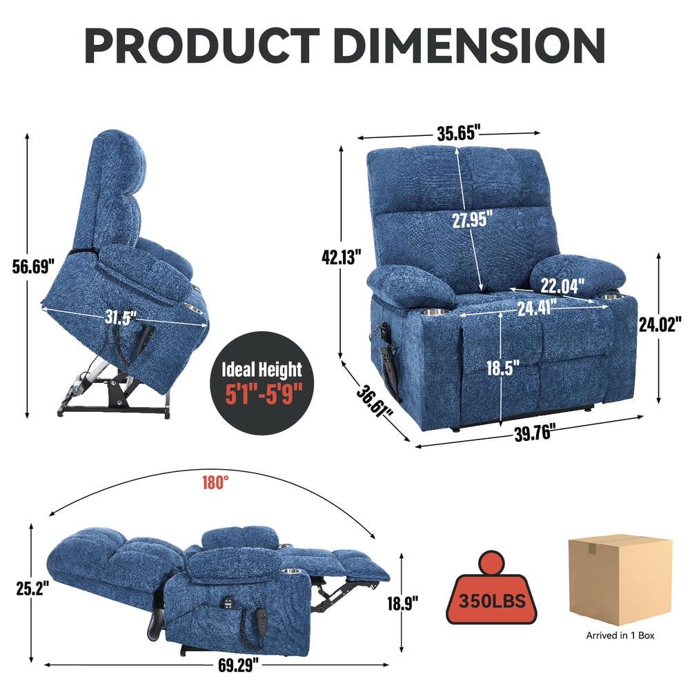 Resenkos Recliner 24.5" Wide with Dual Motors, Massage & Heat, Cup Holders, 350lb Capacity, Blue