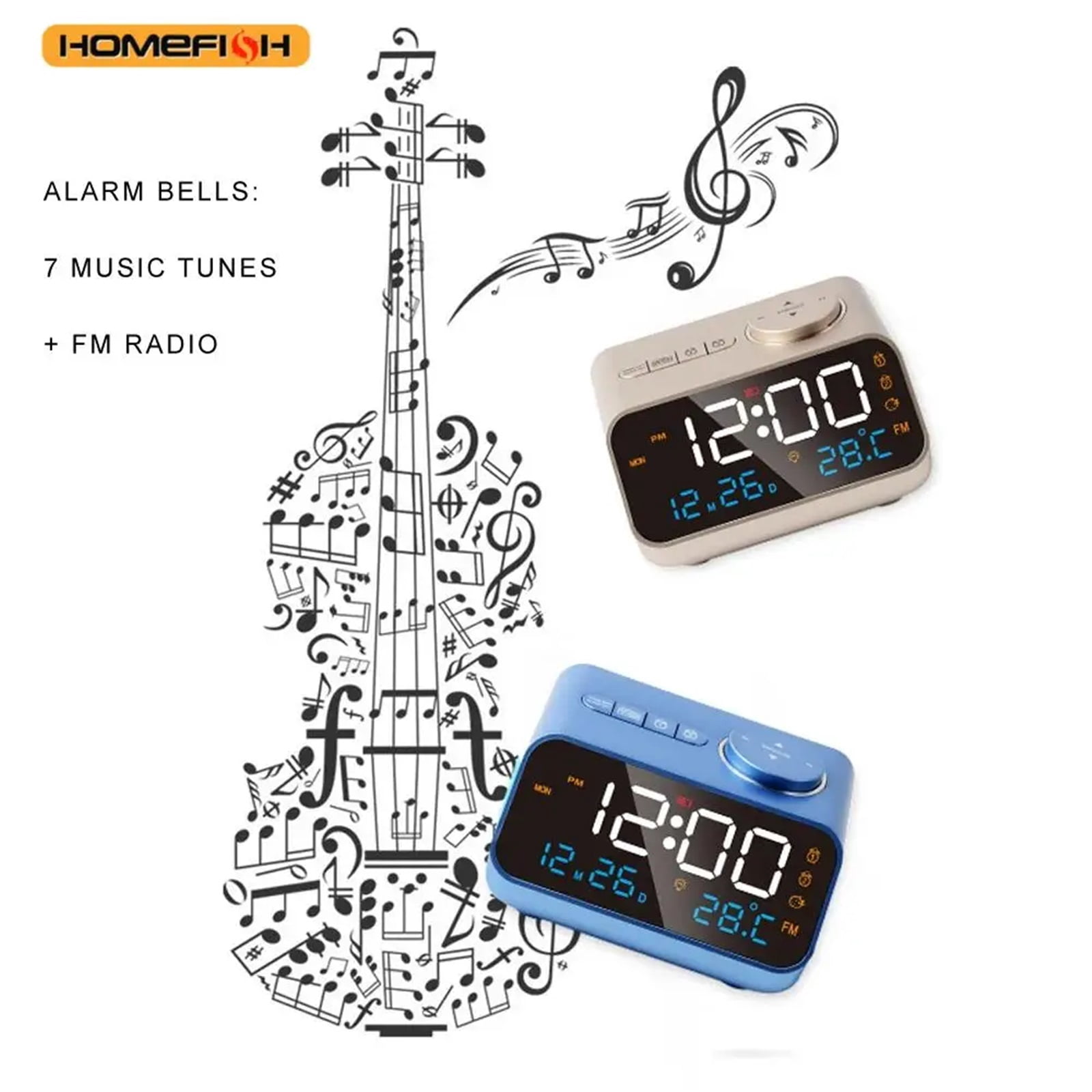 Mordern FM Radio LED Alarm Clock for Bedside Wake Up. Digital Table Calendar with Temperature Thermometer Humidity Hygrometer.