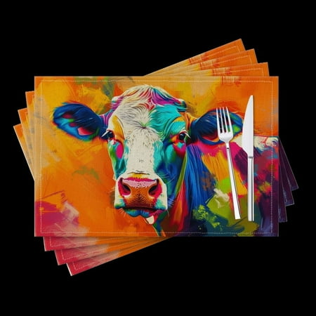

BaHomeck placemats Set of 4 Colorful Cow Portrait Expressive Brush Strokes And Vivid Colors Cotton Linen rectangle Placemats for Kitchen Dining Table Indoor Outdoor 18*12inch