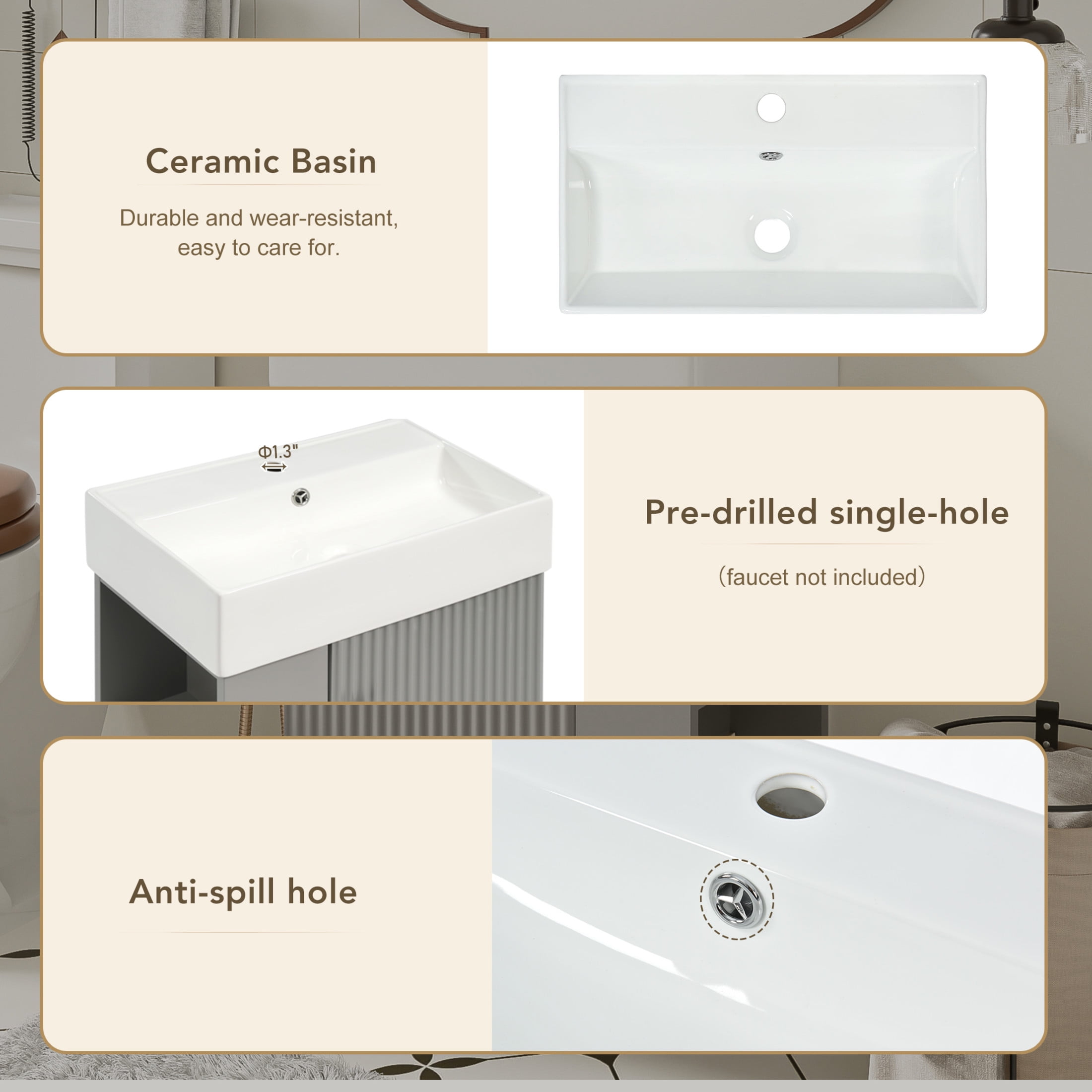Noble House 21.6" Floating Bathroom Vanity with Ceramic Sink, Left Side Storage, Wave Door & Black Handle, Gray
