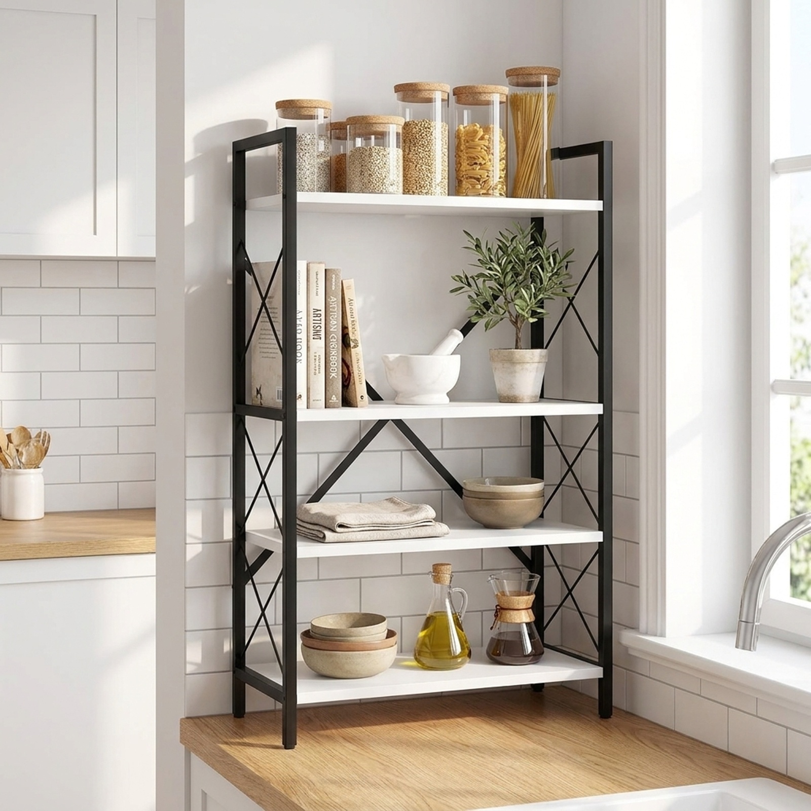 Furnibear 5-Tier Tall Bookshelf Industrial Bookcase with Heavy-Duty Metal Frame Modern Storage for Living Room Home Office Bedroom Display, White