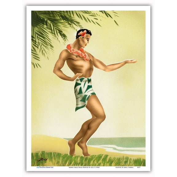 Hawaii Male Hula Dancer - Vintage Hawaiian Airbrush Art by Gill c.1940s - Master Art Print (Unframed) 9in x 12in