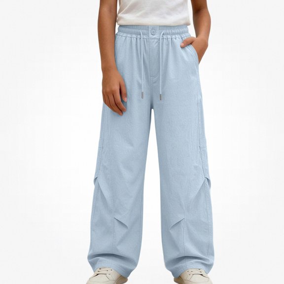 SGFCWSX Girls Wide Leg Pants, Elastic Drawstring Waist Loose Fit Casual Trousers with Pockets for Streetwear Daily Outfits Blue Size 5T