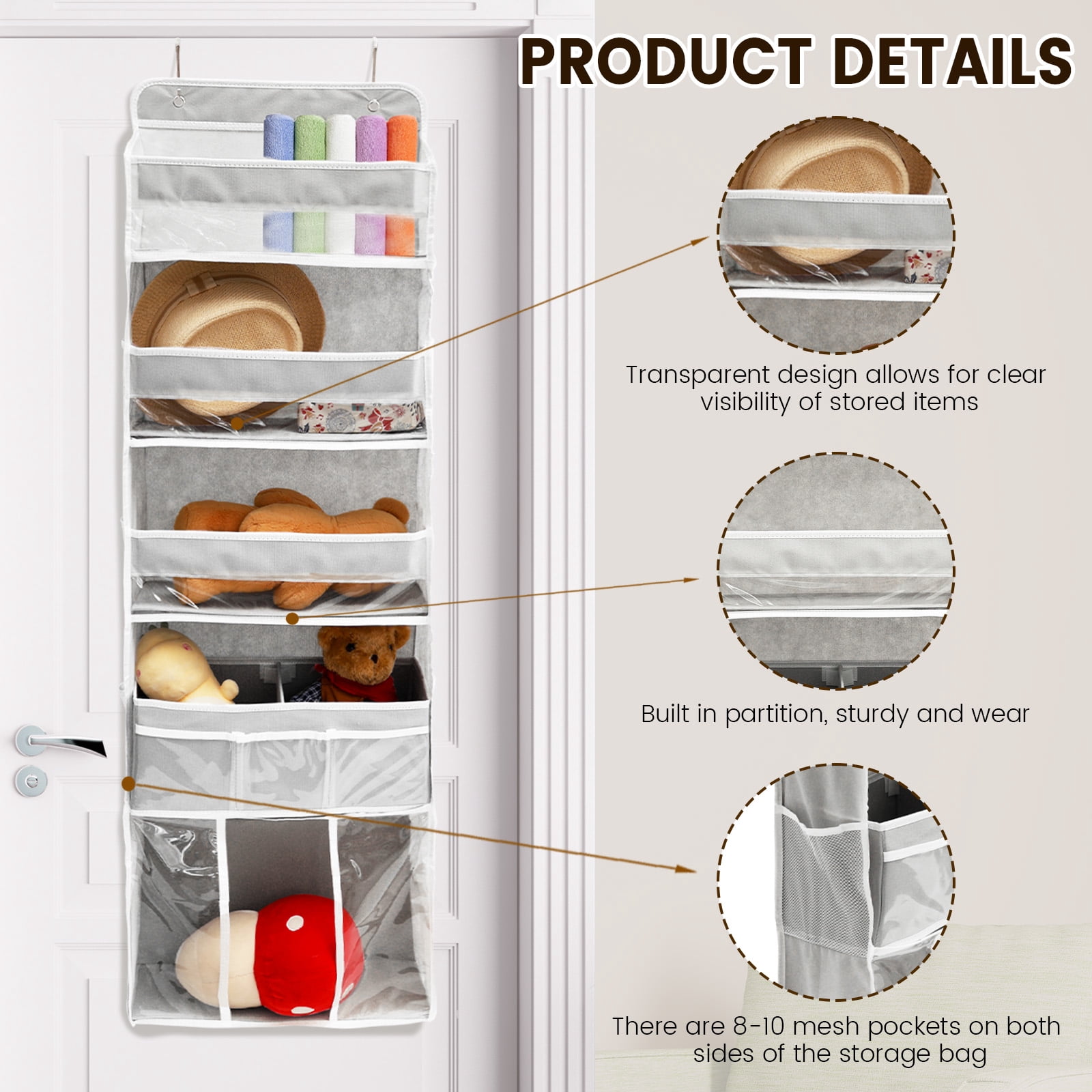 Door Hanging Storage Organizer,with 3 Bins 1 Movable Baby Diaper Caddy,1 Large capacity diaper stacking storage Organizer,10 Side Pockets ,Bedroom Door Storage for Nursery Baby Essentials