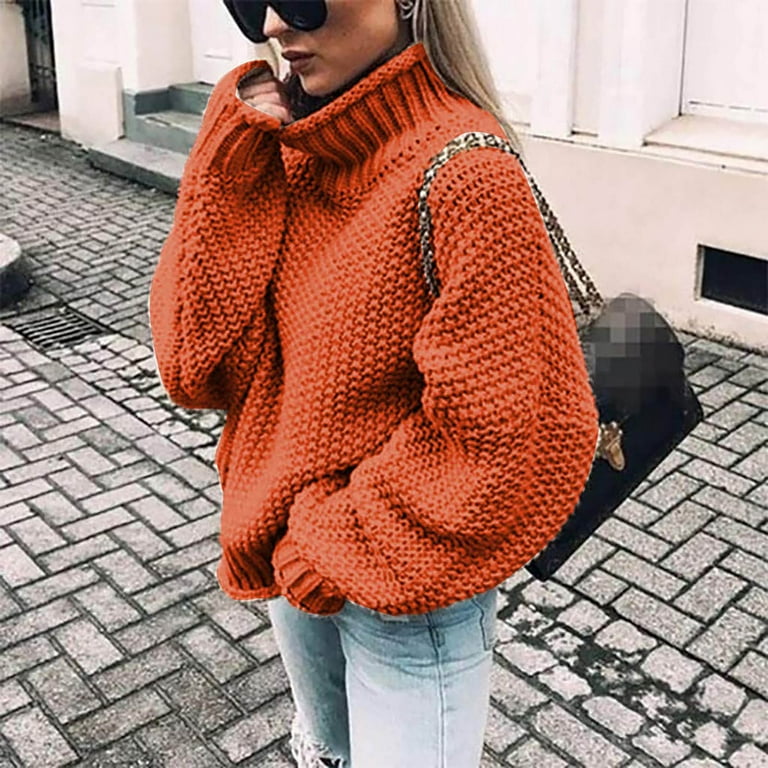 Homchy Women Tops Women Casual Oversize Chunky Knit Pullove Long Sleeve  Elegant High-Neck Vintage Chunky Winter Pullove Sweater