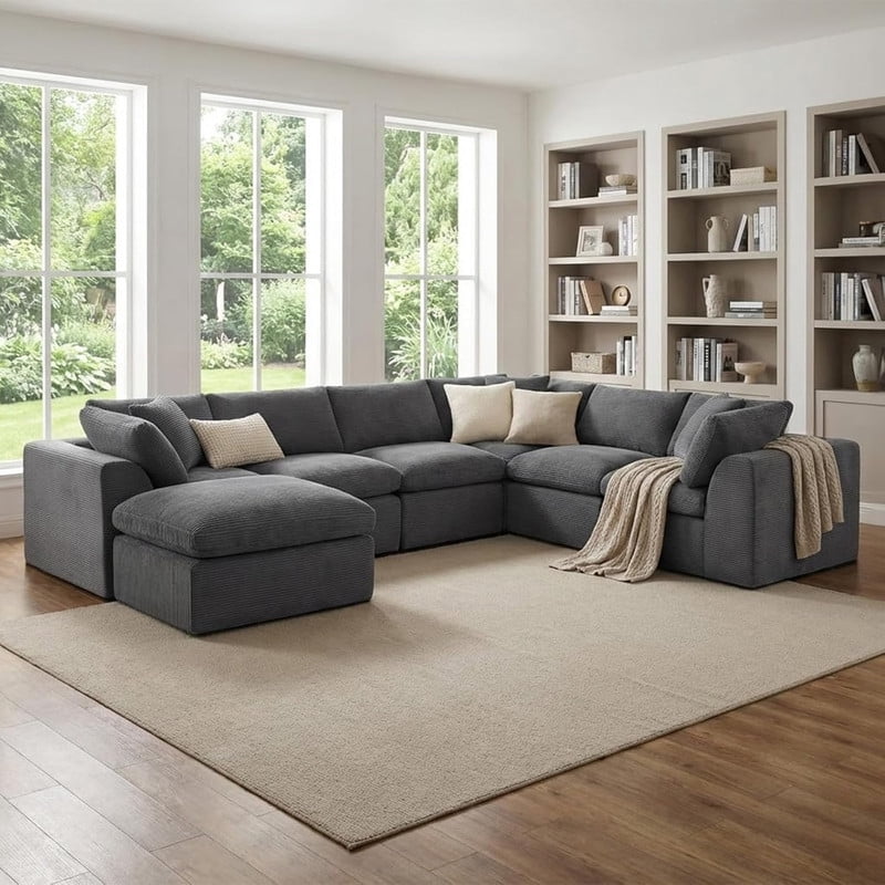 Oversized U-Shaped Sectional Sofa with Ottoman, 7-Seater Chenille Modular Sofa with Deep Seat, Cloud Sofa Boneless Couch for Living Room Apartment