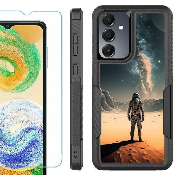 Heavy Duty Dual Layer Hybrid Phone Case for Samsung Galaxy S24 FE 5G with Tempered Glass Screen Protector, by OneToughShield - Astronaut Milkyway