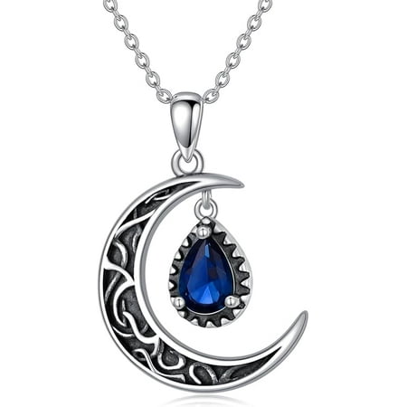 DOLIOX Crescent Moon Necklace Sterling Silver Emerald/Red/Purple/Black/Rainbow Topaz/Green/Aquamarine/Blue/Moss Agate Celtic Moon Teardrop Necklace Celtic Jewelry Gifts for Women Birthday