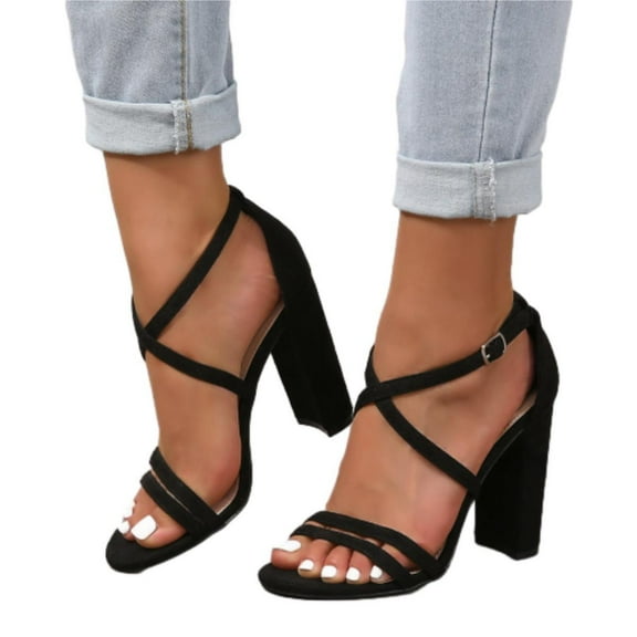 SACFOF Chunky Block High Heels for Women Floral Print Pump Heeled Sandals Open Toe Ankle Strap Buckle Party Dress Shoes