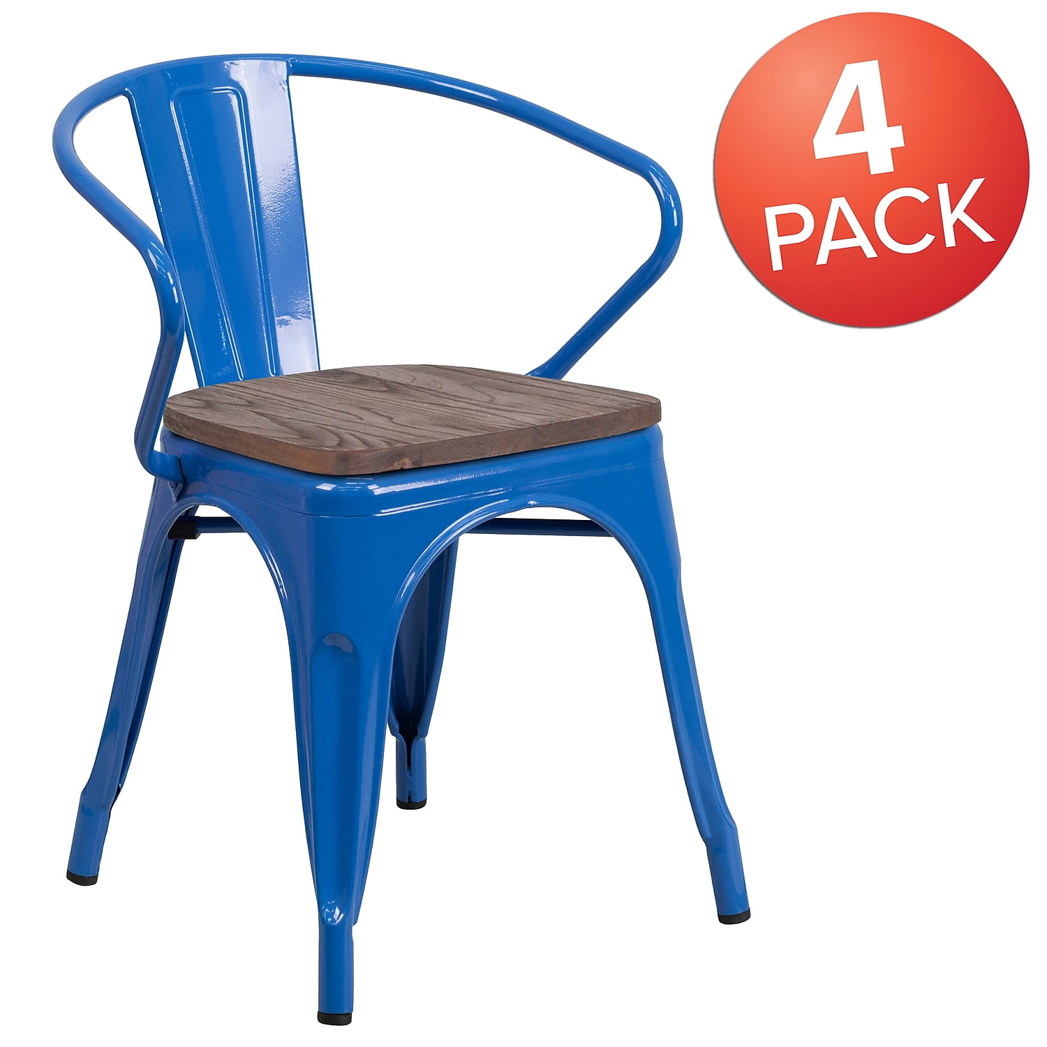 Flash Furniture 4 Pk. Blue Metal Chair with Wood Seat and Arms