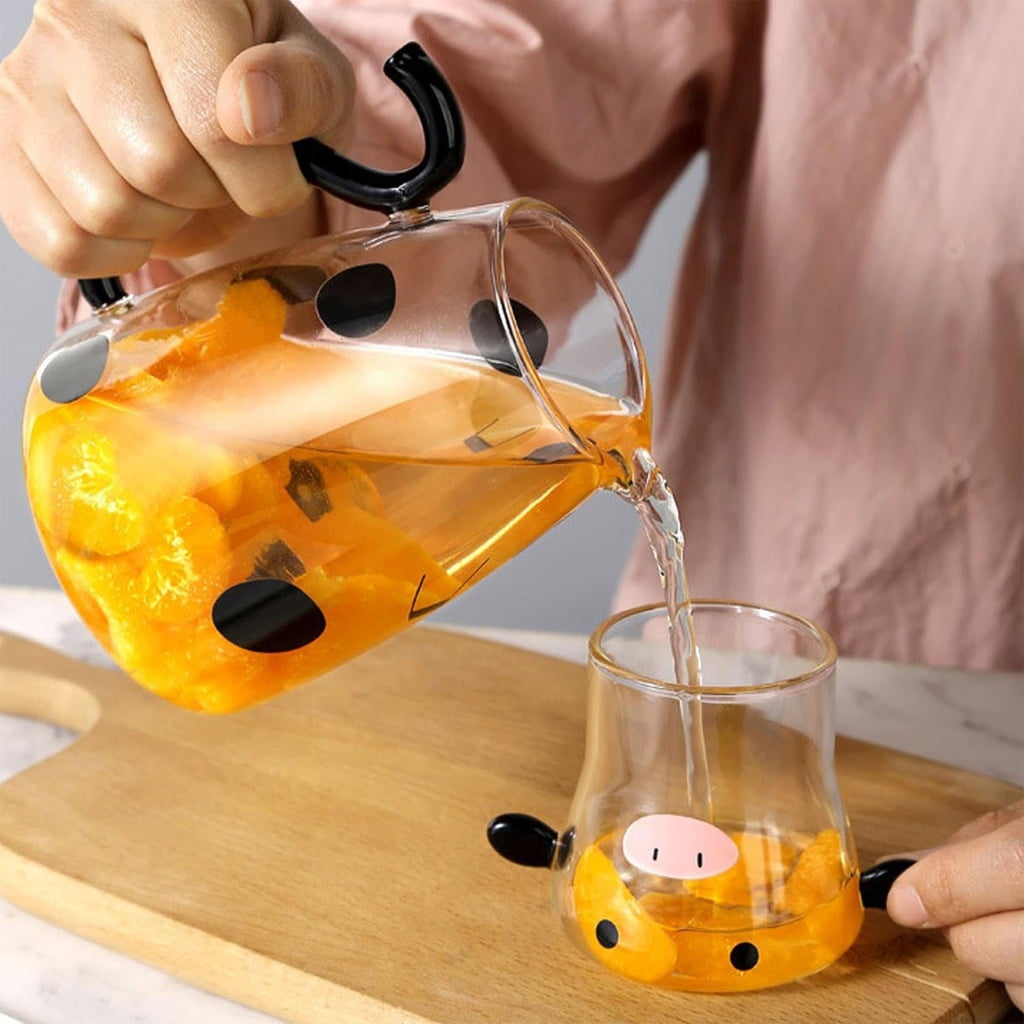Cow Shape Glass Pitcher with Integrated Cup for Cold Drink Serving Beverage Container High Borosilicate Milk Carafe
