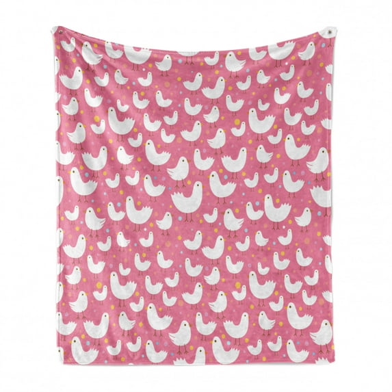 Birds Soft Flannel Fleece Blanket, Poultry Concept Abstract White Silhouettes of Fluffy Chickens and Tiny Sparrow Birds, Cozy Plush for Indoor and Outdoor Use, 70" x 90", Multicolor, by Ambesonne