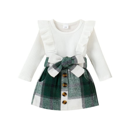 

Bmnmsl Girl Sets Solid Color Long Sleeve Ruffle Romper Plaid Skirt with Belt