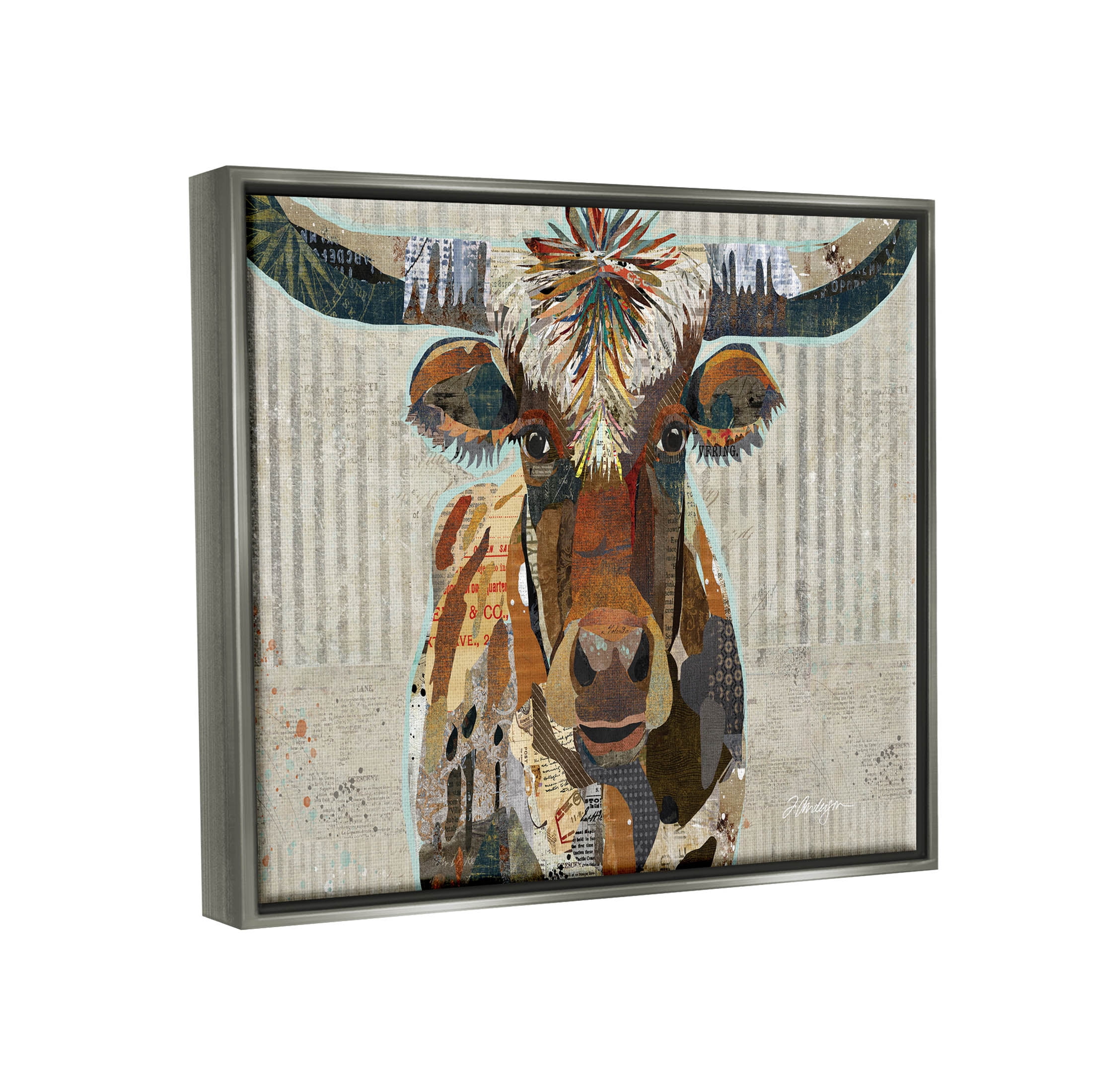 Stupell Industries Farm Cattle Striped Pattern Collage Graphic Art Luster Gray Floating Framed Canvas Print Wall Art, Design by Traci Anderson