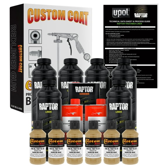 U-POL Raptor Shoreline Beige Urethane Spray-On Truck Bed Liner Kit w/ FREE Custom Coat Spray Gun w/ Regulator, 6 Liters