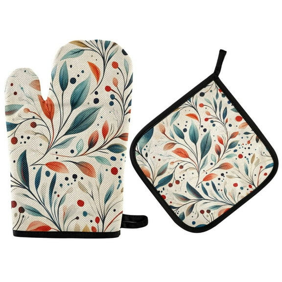 Yayeee Oven Mitts and Pot Holder Set of 2 Heat Resistant Kitchen Gloves Baking Hot Pad, Beige Whimsical Leaves
