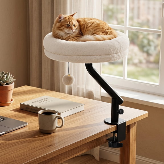 360 Rotating Cat Desk Bed Clamp on Table Perch with Fluffy Padded Cushion for Indoor Cats White