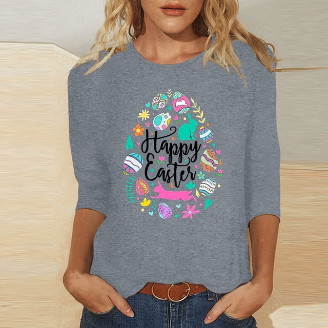 EGNMCR Easter Imprimer Shirts For Femmes Graphique T-Shirts Femmes Shirts Mode Femme Casual Noël Imprimé Col Rond Impression Blouse 3/4 Manches T-Shirt Blouses Femmes T-Shirts sur l'Autorisation