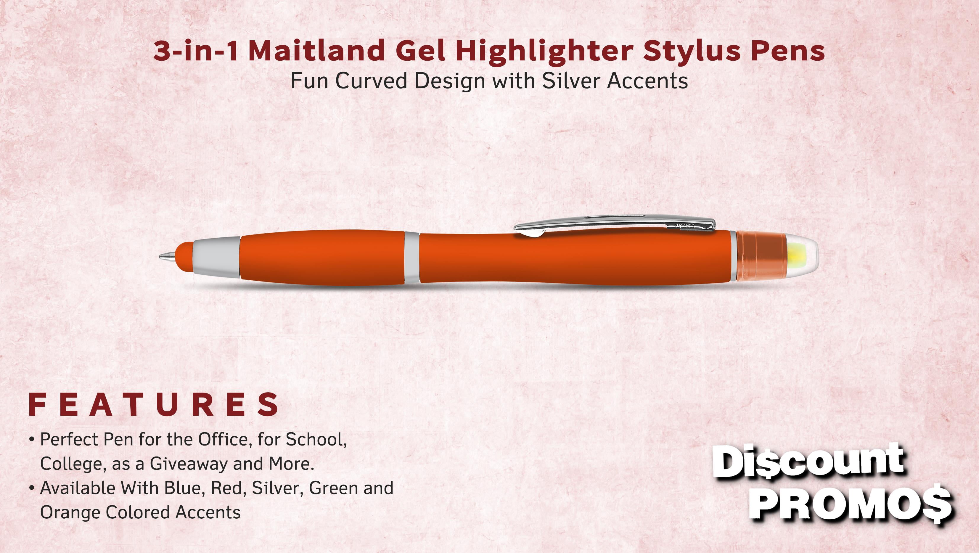 10 Maitland Gel Highlighter Stylus Pens Pack - Ballpoint, Black Ink - Orange