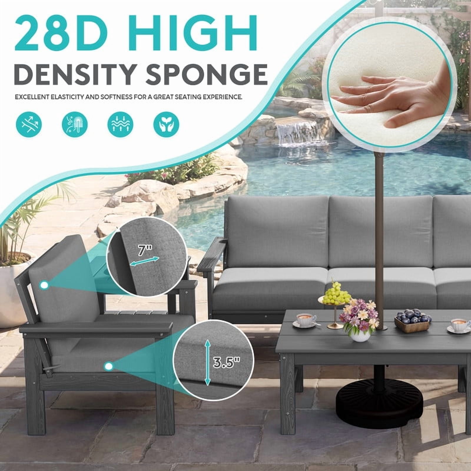 FUNDAZE Oversized HDPE Patio Furniture Sets, 2-Seater With Double-tier Table Outdoor Conversation Set | For Patio, Poolside, Backyard Use, Grey Frame with Gray Cushion