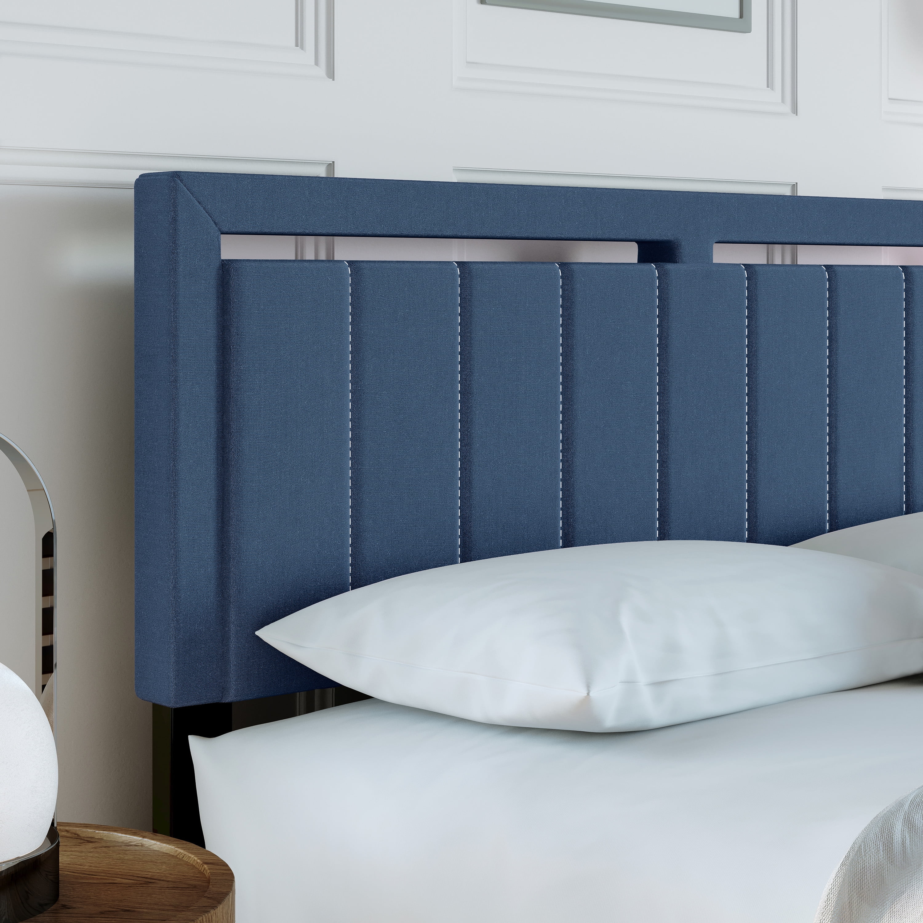 Boyd Sleep Senata Blue Linen Queen Size Fully Upholstered Platform Bed Frame with Adjustable Headboard