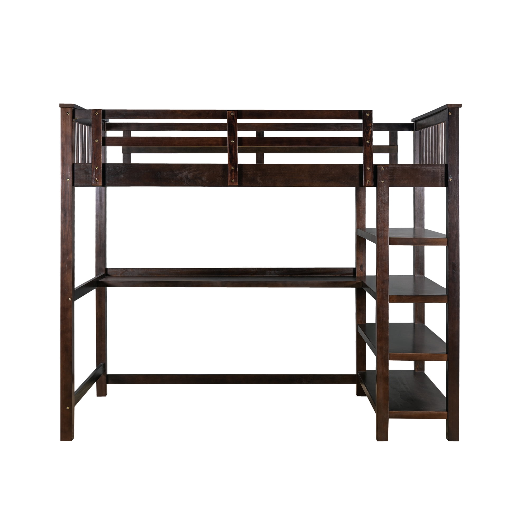 Full Twin Size Loft Bed Wooden Cover With Storage Shelves And Under