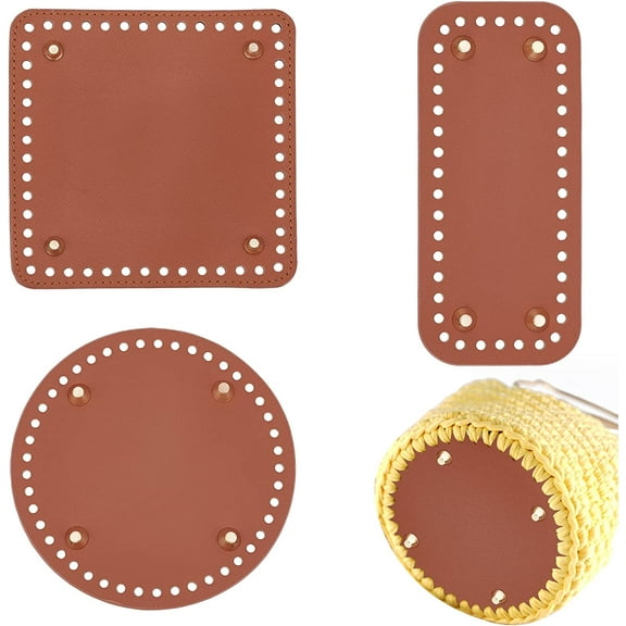 1 Set 3 Style Crochet Bag Bottom PU Leather Bottom Shaper Pad Hand-Woven Bag Cushion Base Brown Crochet Basket Base for DIY Handbag Shoulder Bags Purse Making Supplies Round/Square/Rectangle