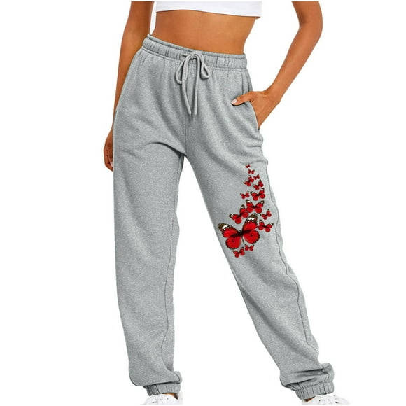 fartey Casual Sweatpants for Women with Drawstring Elastic Waist Relaxed Pants 2025 Butterfly Graphic Pockets Sports Trousers