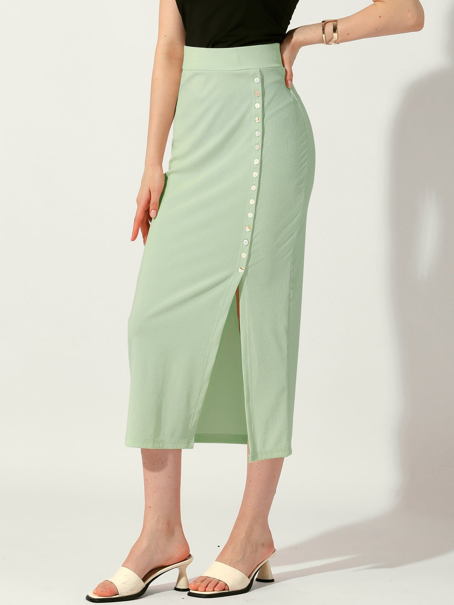 DARING DIVA Women's Long Pencil Skirt Business Button Decor Midi Skirts L Green