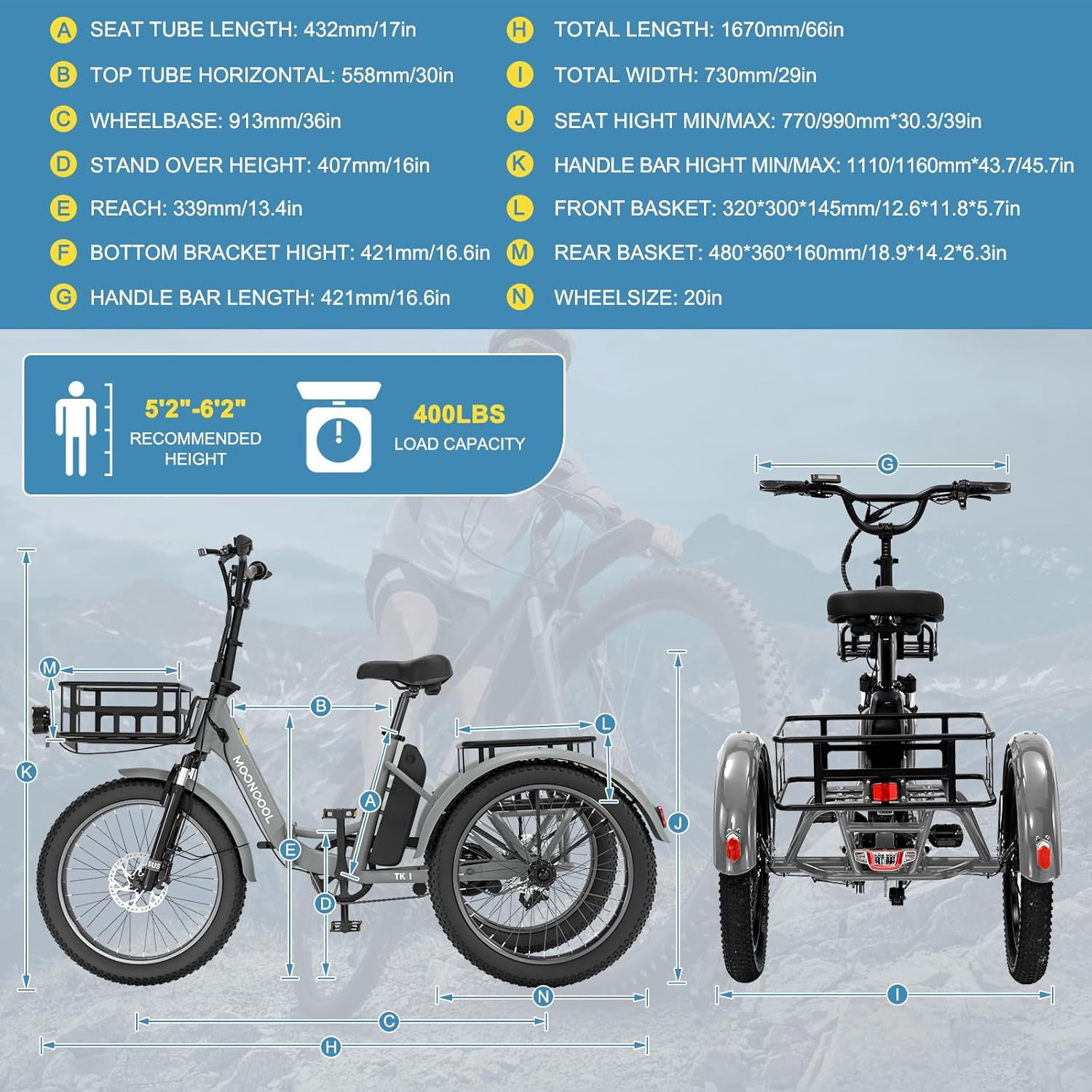 Lilypelle  Folding Electric Tricycle for Adults, Peak 1000W Motor 48V Foldable Ebike Electric Trike, 20" Fat Tire 3 Wheel Electric Bicycle with Front & Rear Baskets & Pet Carrier