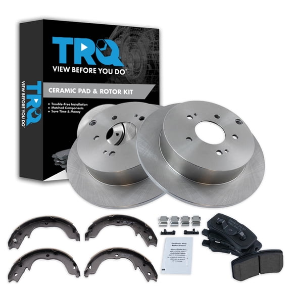 TRQ Rear Brake Pad & Rotor Kit Brake Pads Brake Rotor Parking Brake Shoe Set Ceramic Fits Select 2010-2011 Mitsubishi Endeavor