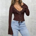thumbnail image 2 of Ediodpoh Women’s Fashion Cardigan Stylish Plunging V Neck Ruffled Trim Long Sleeve Fitted Flare Sleeve Top Womens Cardigan Coffee L, 2 of 5