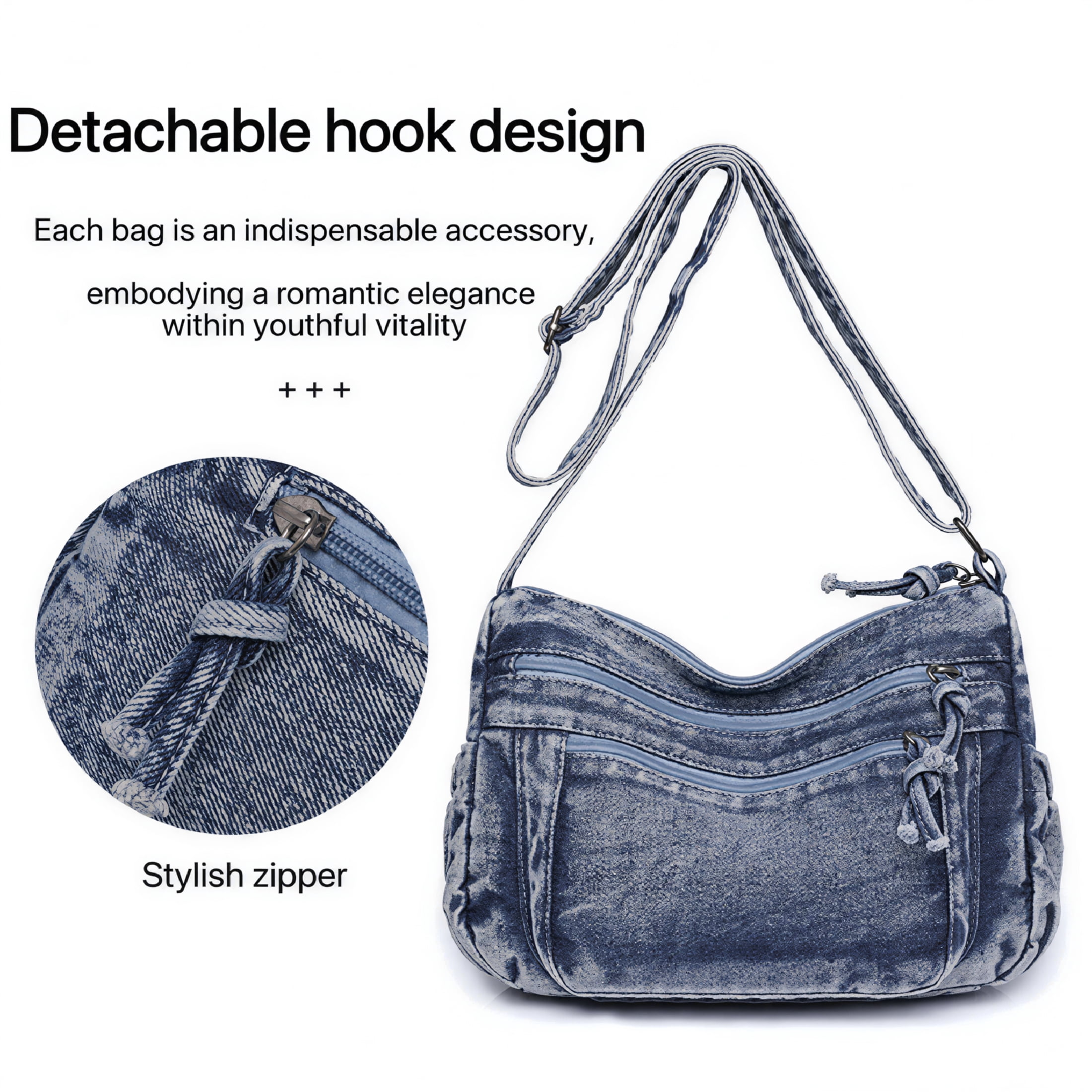 TELOLY Denim Purse,Large Capacity Denim Purses for Women,Multiple Pockets Denim Bag,Blue