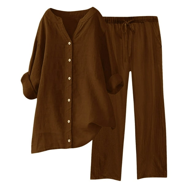 Conjunto de 2 piezas para mujer: pantalones anchos con cintura elástica y blusa de manga larga - Ropa informal para todas las estaciones - Poliéster, tallas S-XL