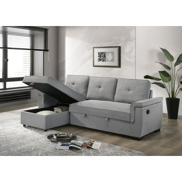 K-Living Apollo Sofa Bed in Grey Fabric with Built-In USB/C Port and Storage