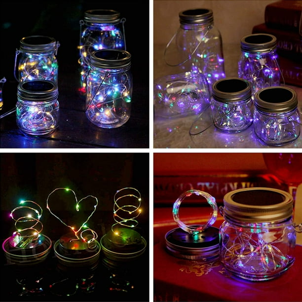 Luces solares para tapa de tarro de cristal, cadena de luces de hadas de 20 LED, 6 luces para tapa con 6 colgadores para decoración de exteriores, sin tarros