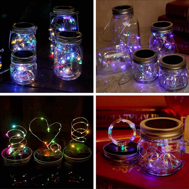 Luces solares para tapa de tarro de cristal, cadena de luces de hadas de 20 LED, 6 luces para tapa con 6 colgadores para decoración de exteriores, sin tarros