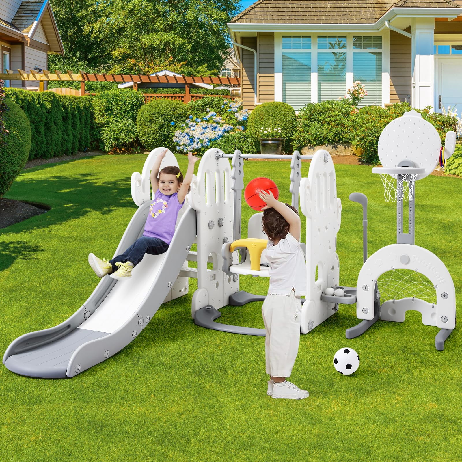 7 in 1 Toddler Slide and Swing Set Large Slide with Basketball Hoop Soccer Golf Indoor Slide and Swing Set for Toddlers Age 1-8 Baby Slide Toddler Slide Climber Set Indoor and Outdoor Playground