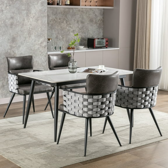 BFZ Dining Chairs Set of 4, Mid-Century Modern Dining Chairs with Metal Legs, Faux Leather Woven Dining Chairs for Dining Room, Kitchen, Living Room