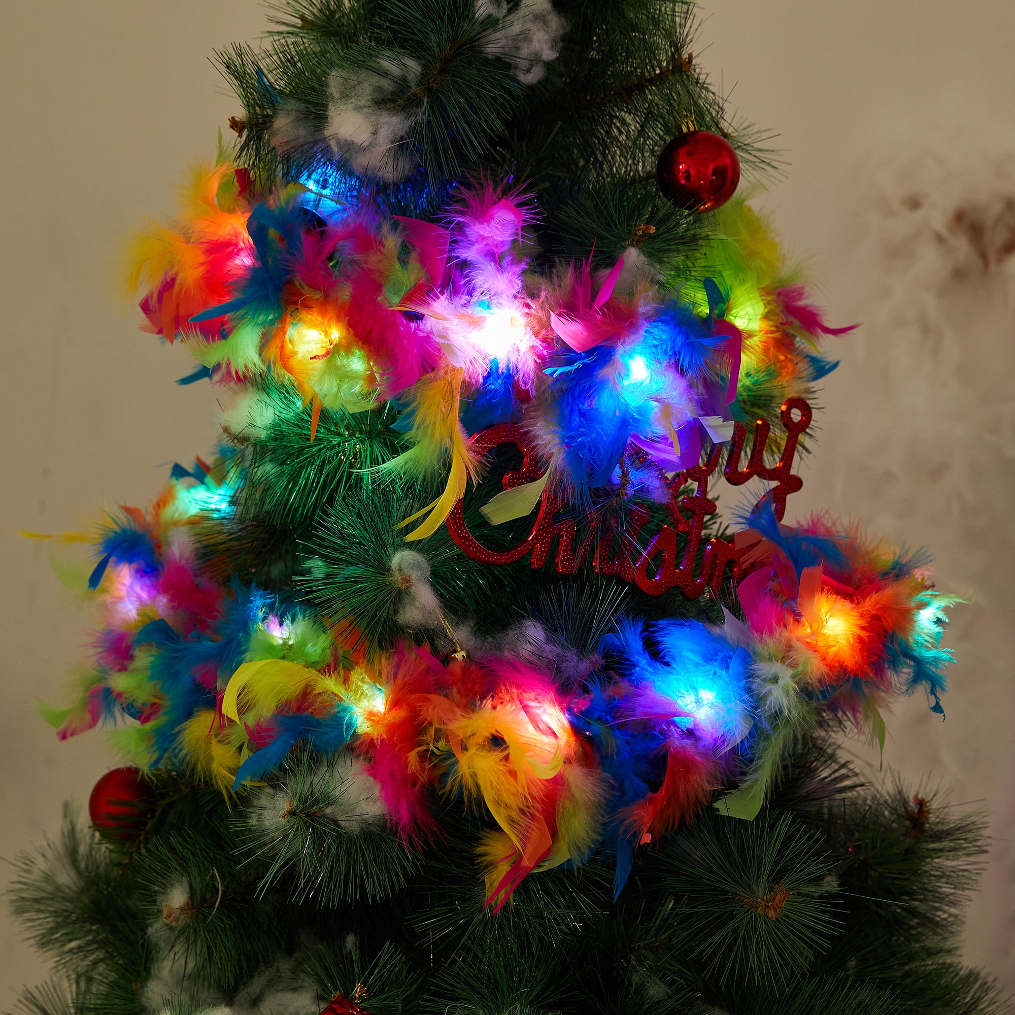 Polinkety Christmas Feather Curtain Light, Christmas Tree LED Window